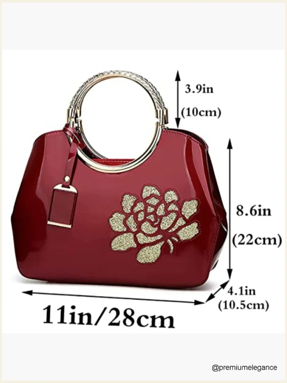 Patent Leather Flower Satchel Charm Glossy Purse Metal Grip Structured Shoulder